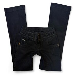 Kan Can Black Flare Trouser Jeans Gold Button Y2K Size 5